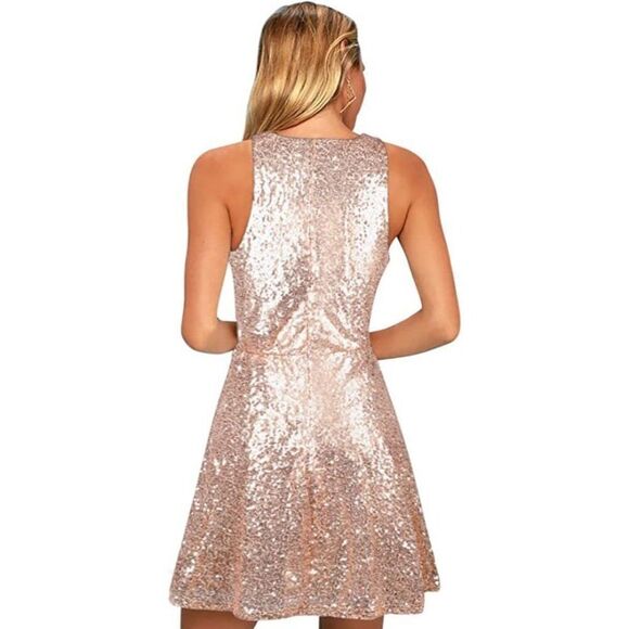 Sequin Formal Racerback Flared Swing ALine Rose Gold Bridesmaid Prom Short Dress - Picture 5 of 6